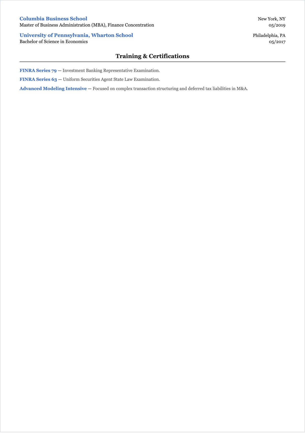 Free Investment Banking Associate ATS CV Template, AI CV Builder