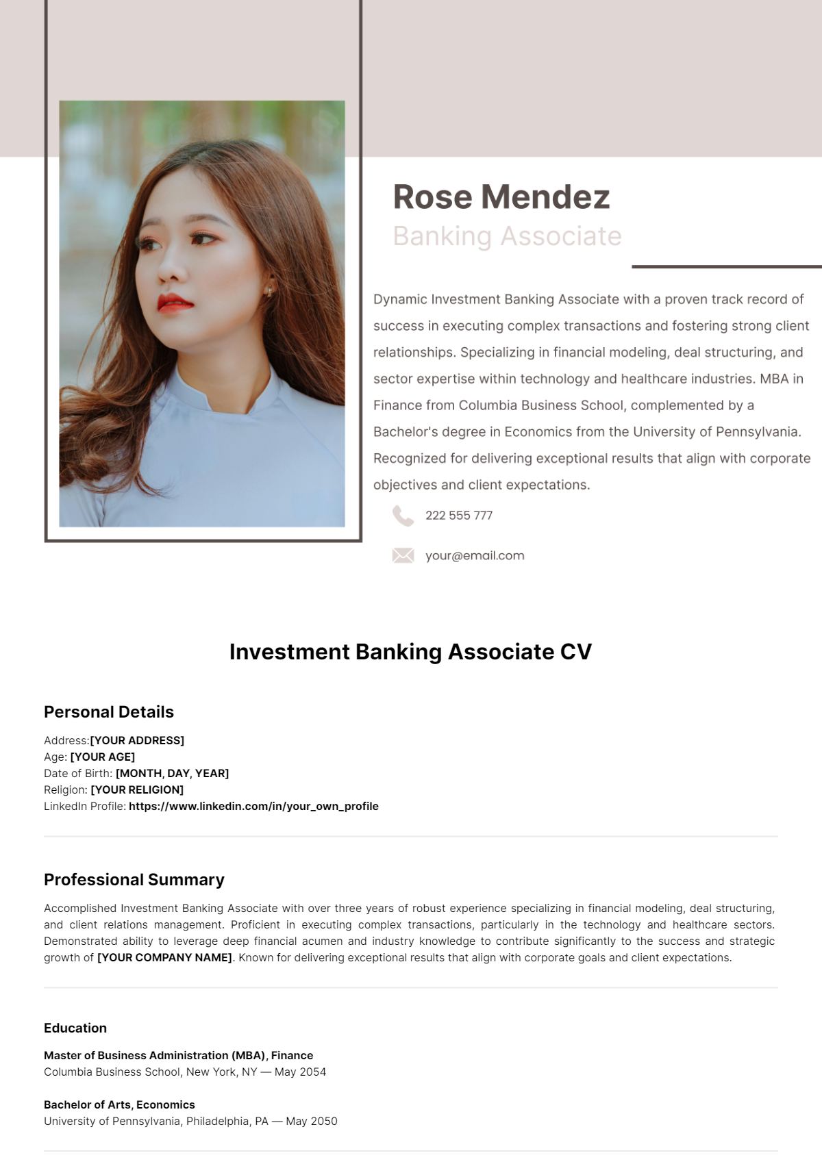 Investment Banking Associate CV Template - Edit Online & Download