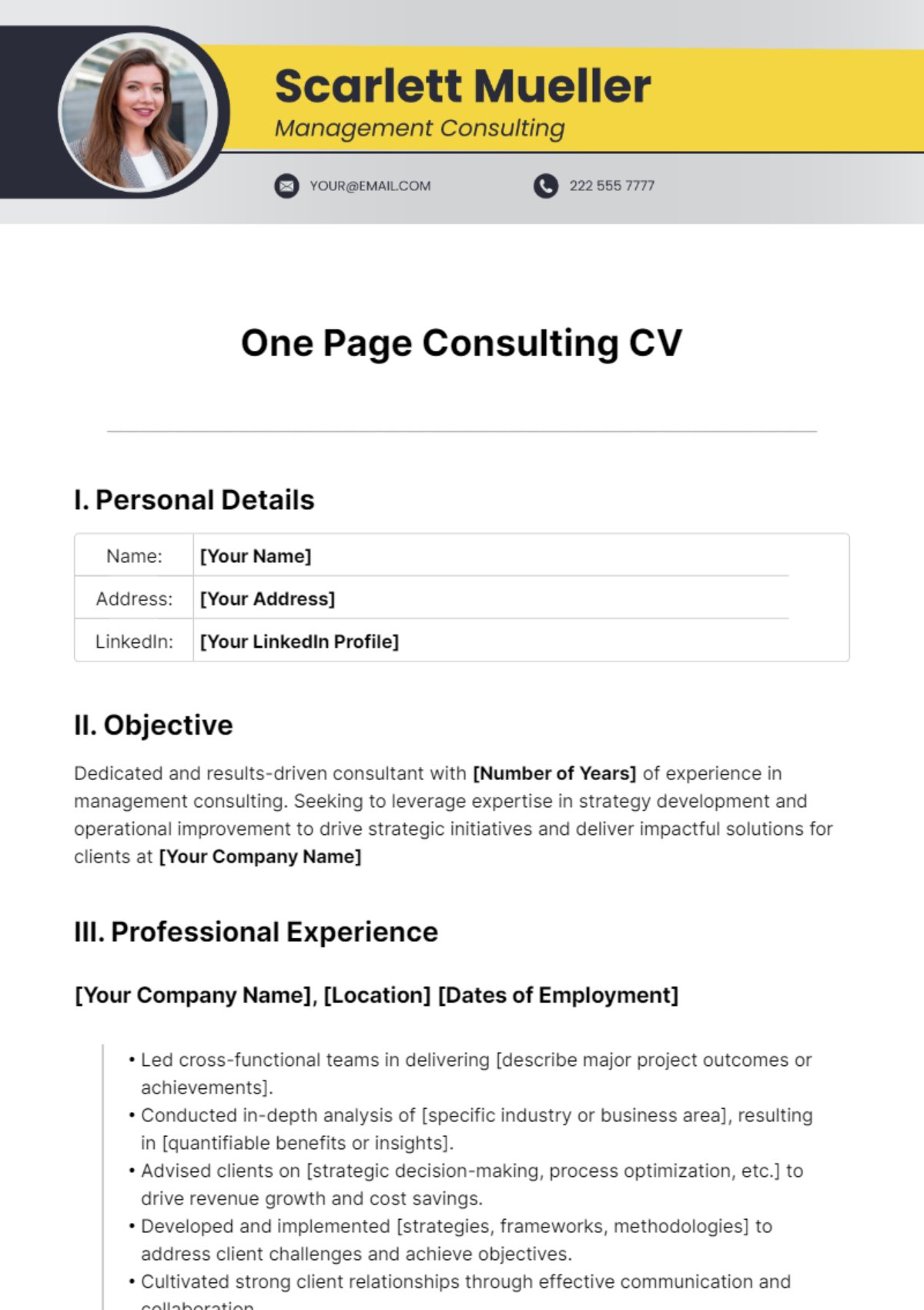 One Page Consulting CV Template - Edit Online & Download