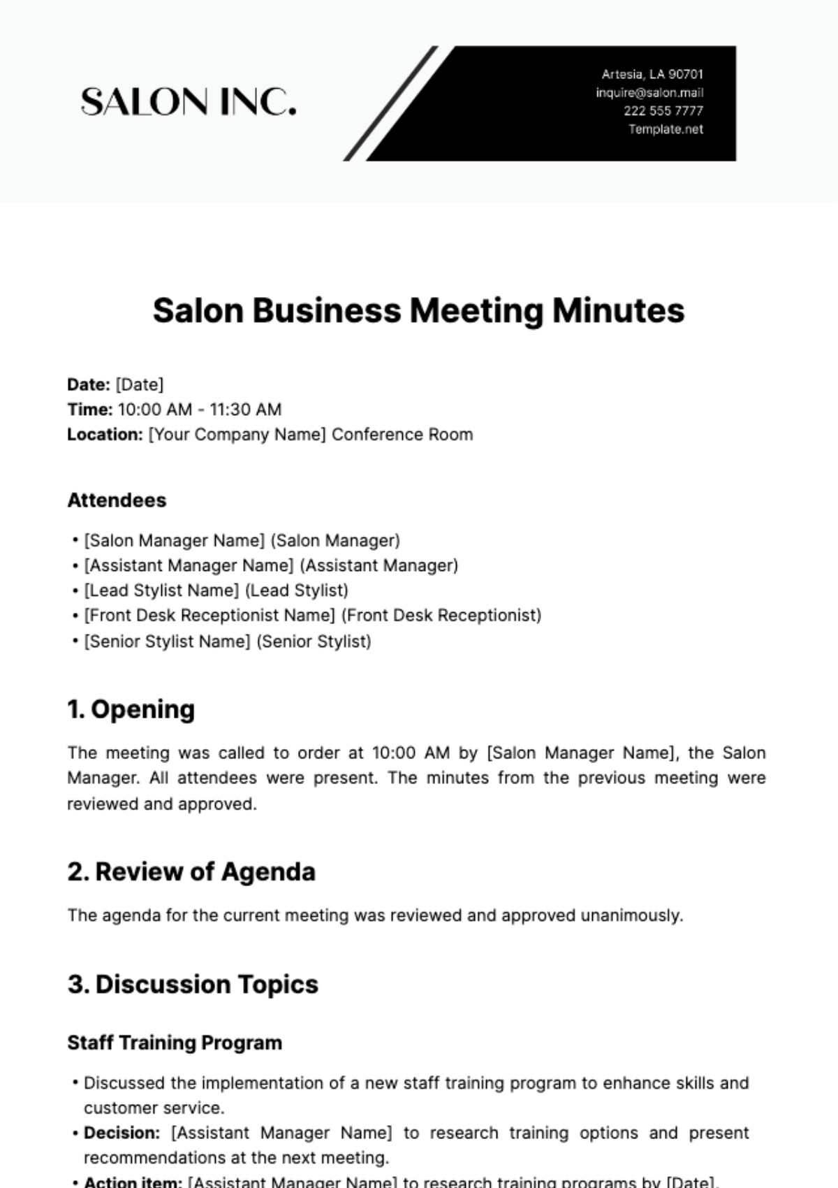 Salon Business Meeting Minute Template