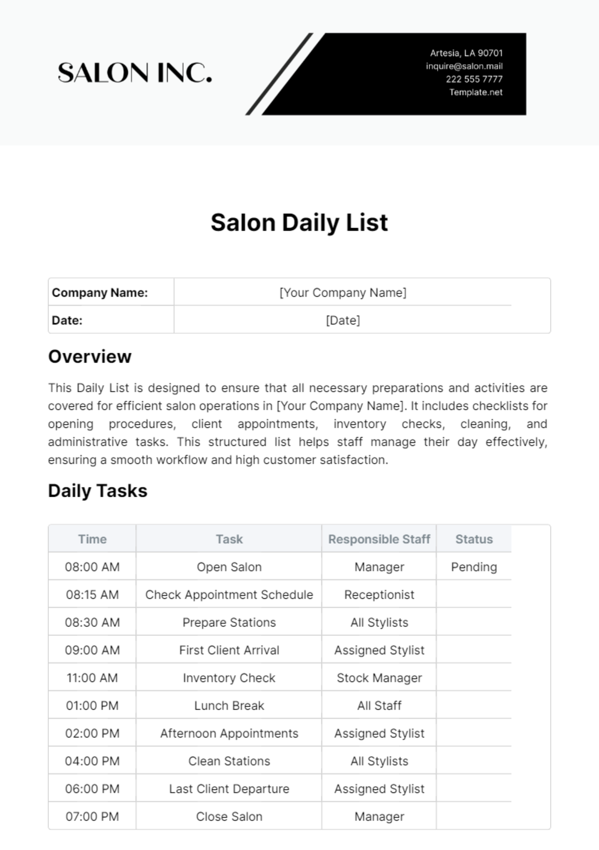 Salon Daily List Template