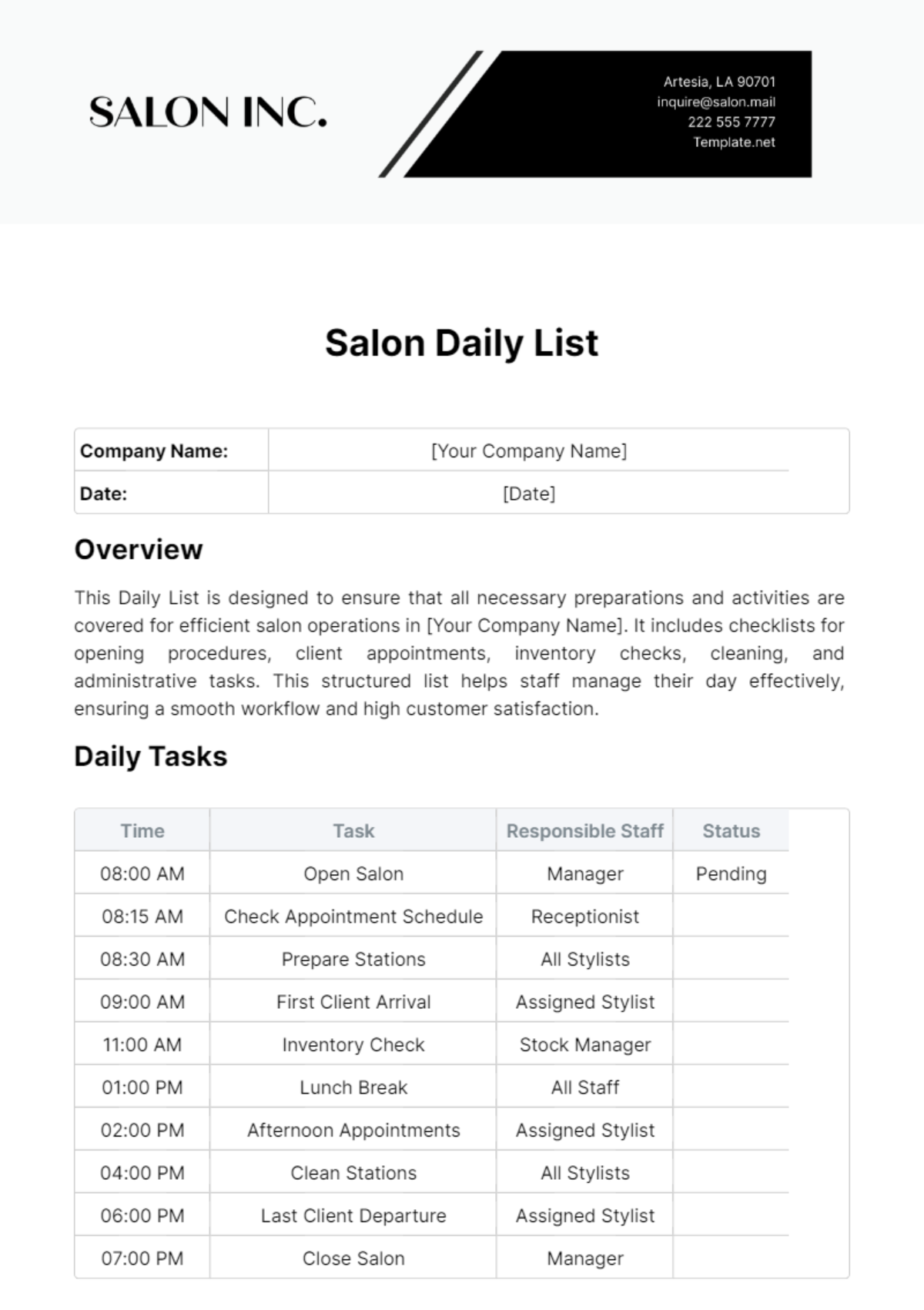 Salon Daily List Template - Edit Online & Download