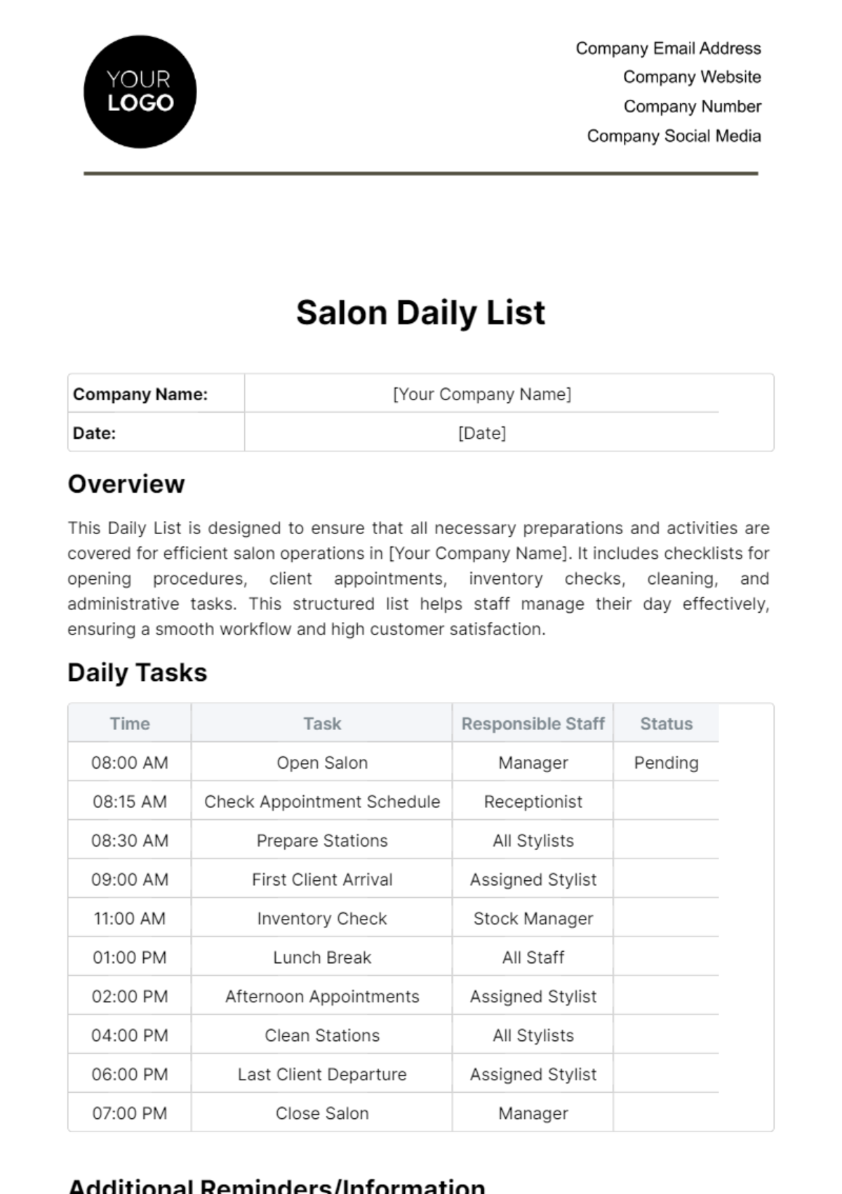 Free Salon Daily List Template