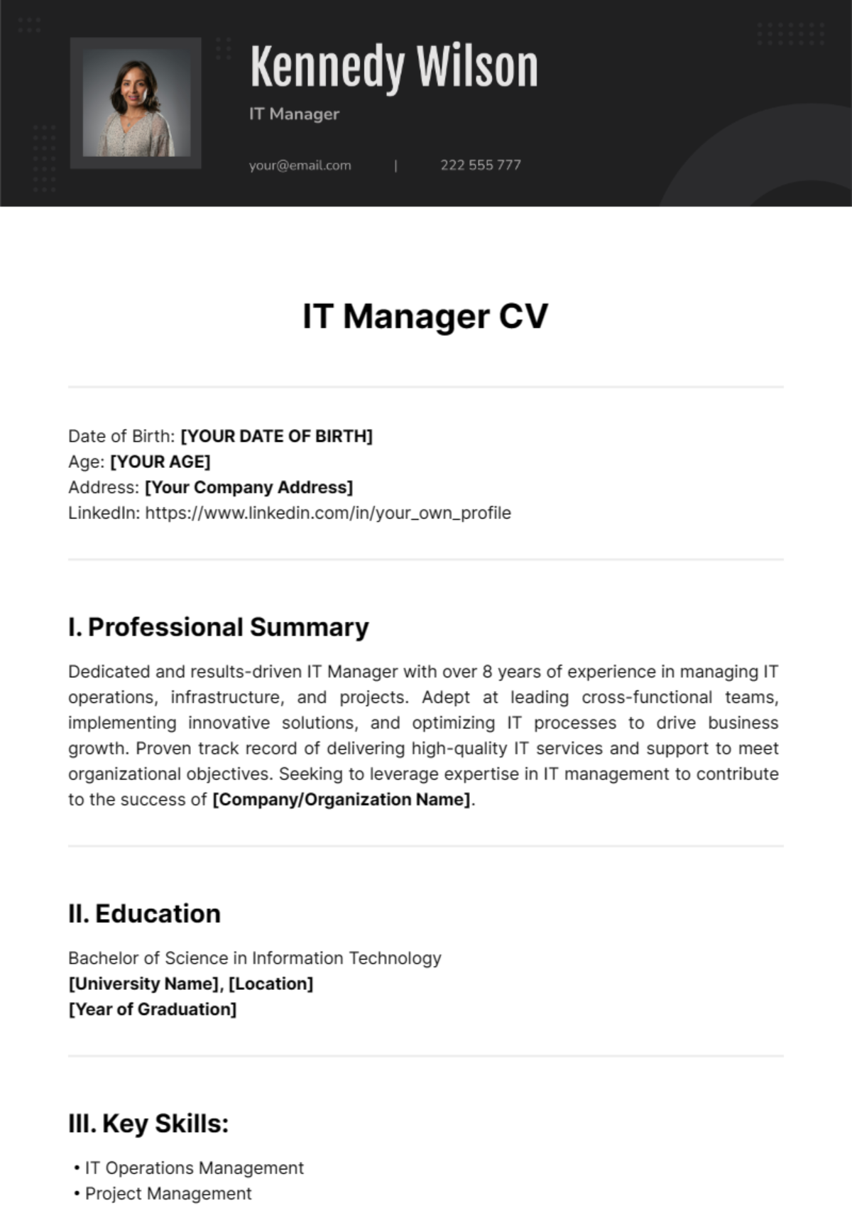 IT Manager CV Template - Edit Online & Download