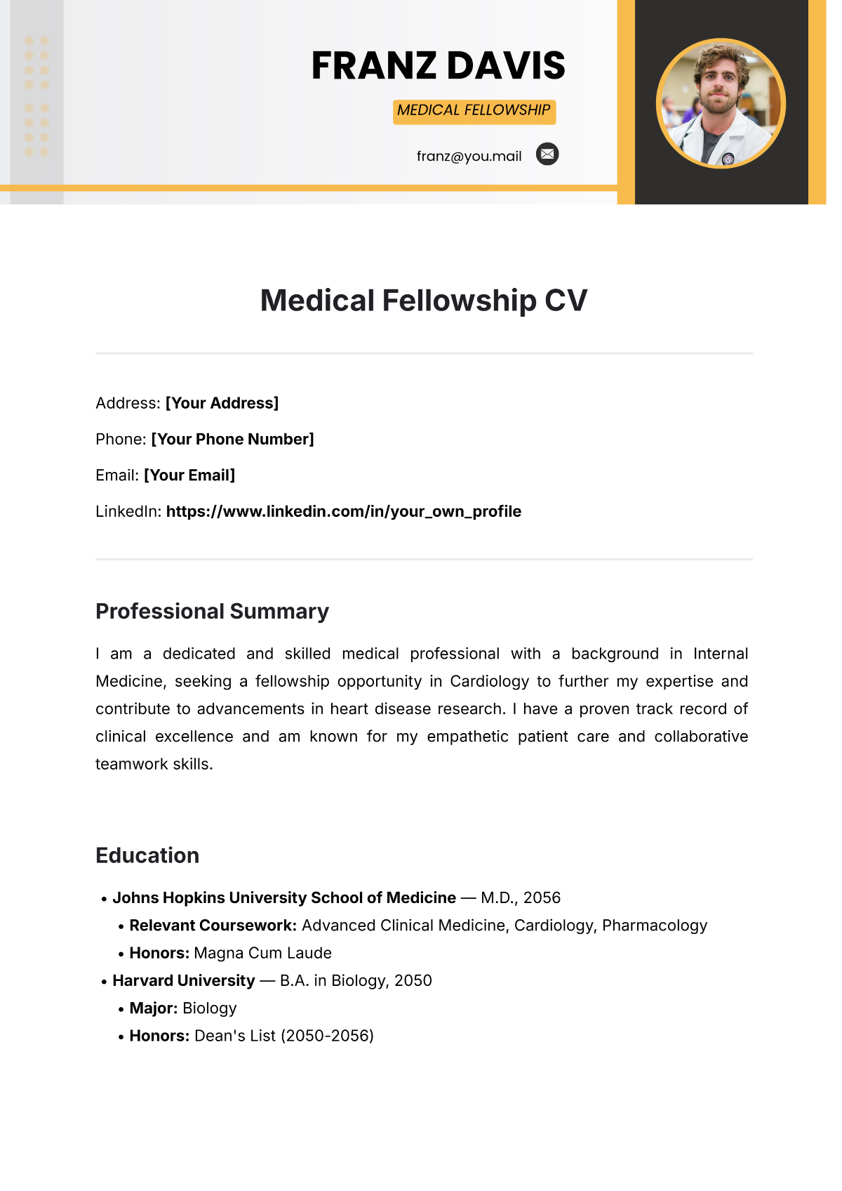 Free Medical Fellowship CV Template