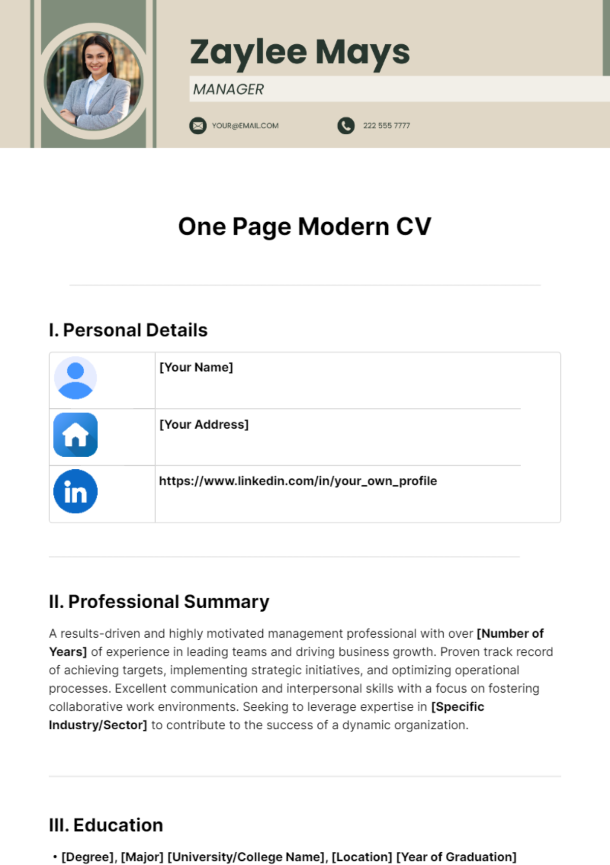 One Page Modern CV Template - Edit Online & Download