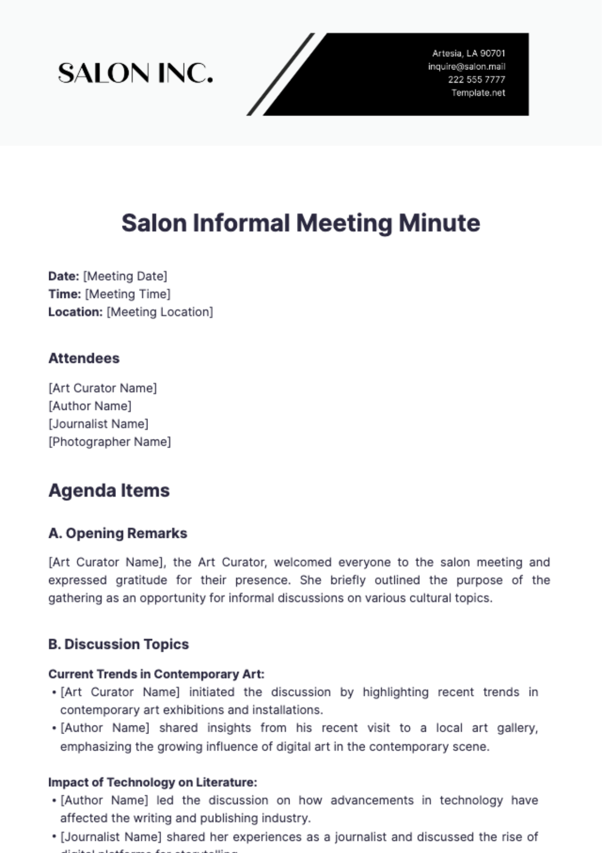 Free Salon Informal Meeting Minute Template