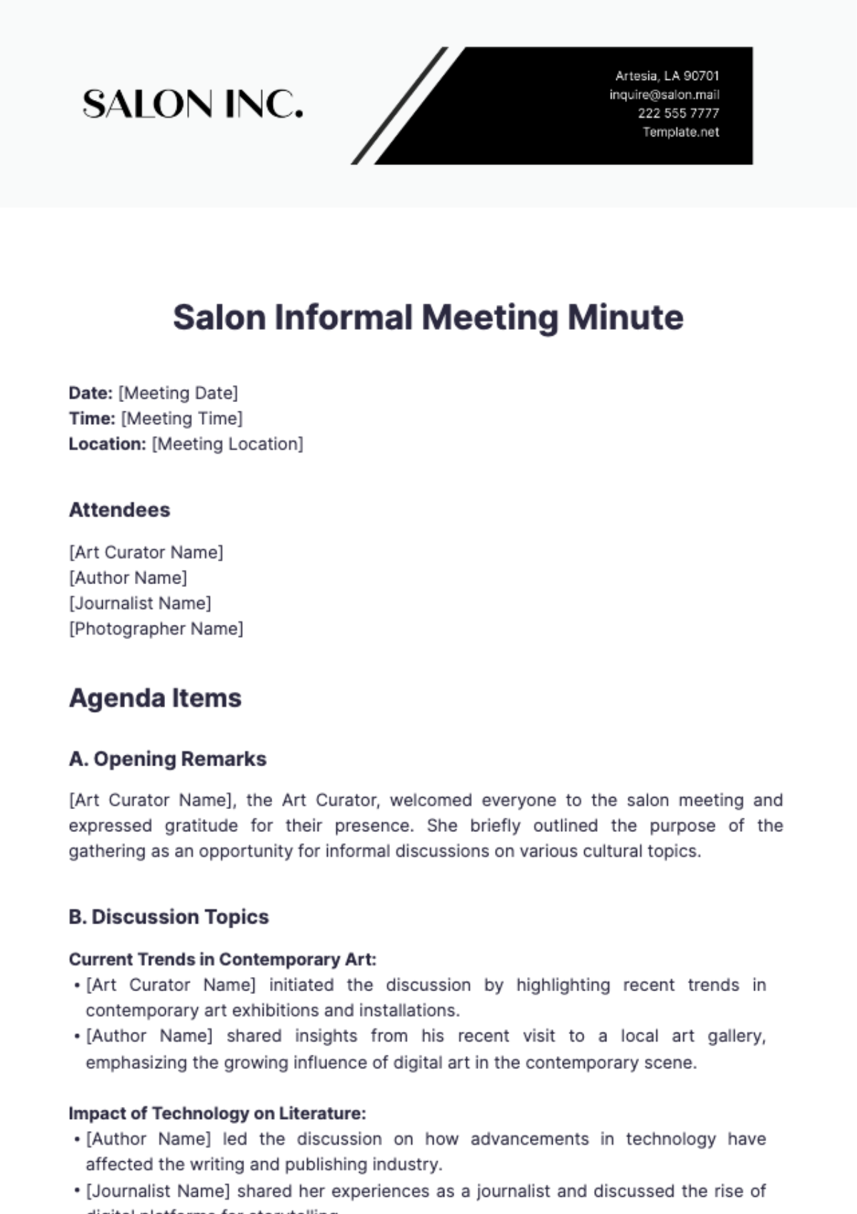 Salon Informal Meeting Minute Template - Edit Online & Download