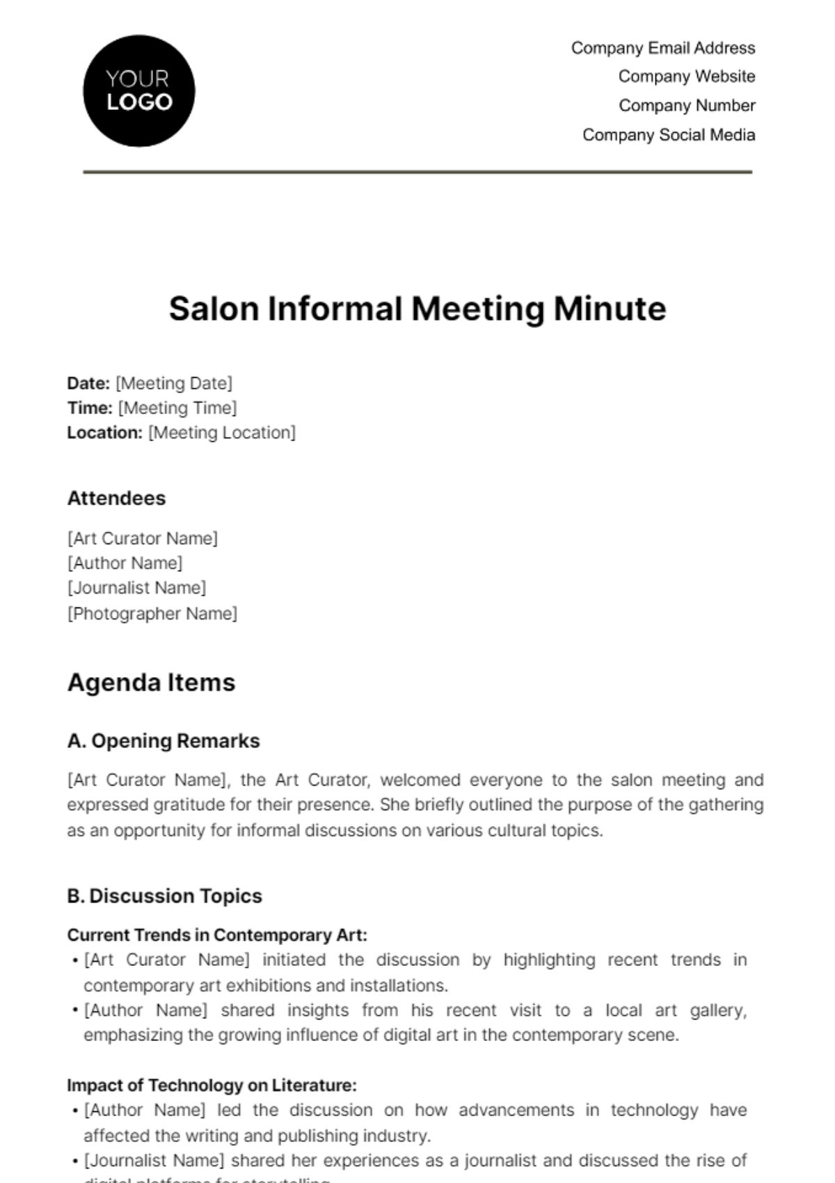 Salon Informal Meeting Minute Template