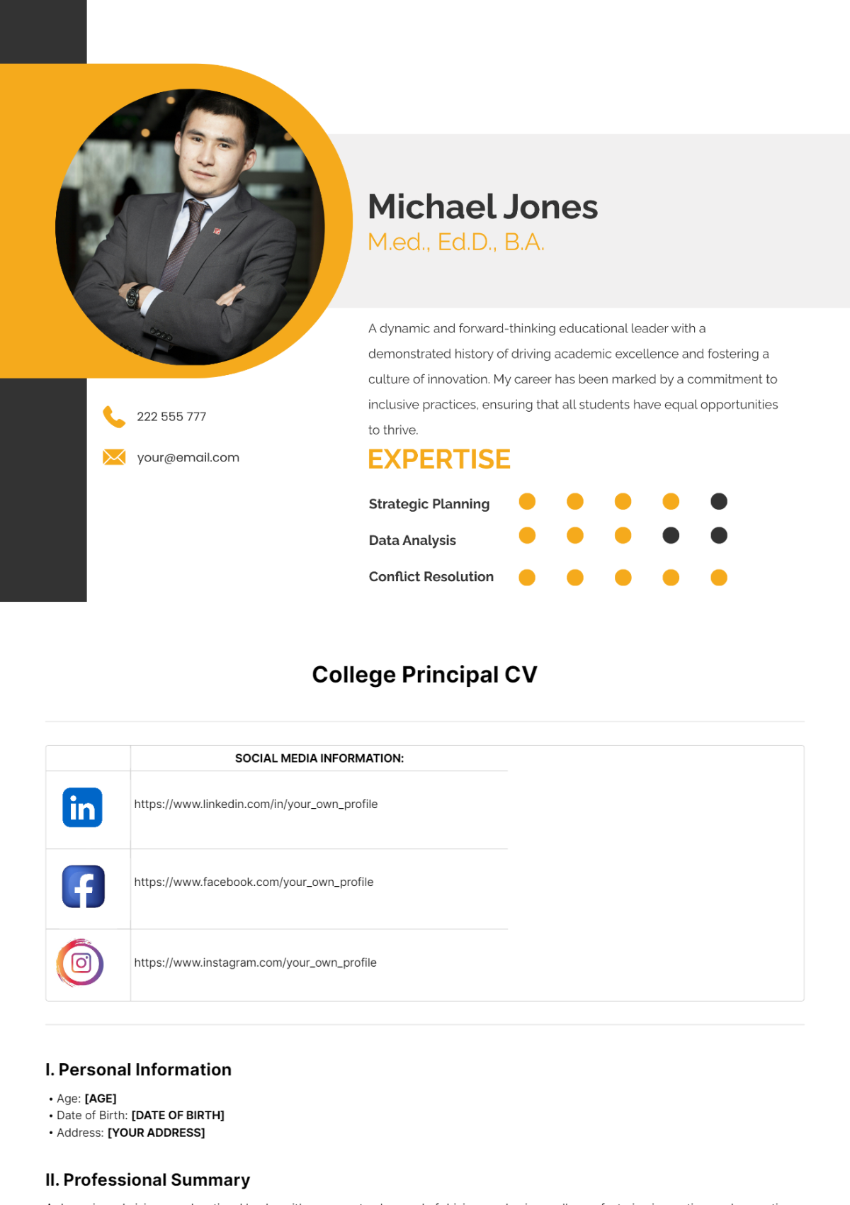 College Principal CV Template - Edit Online & Download