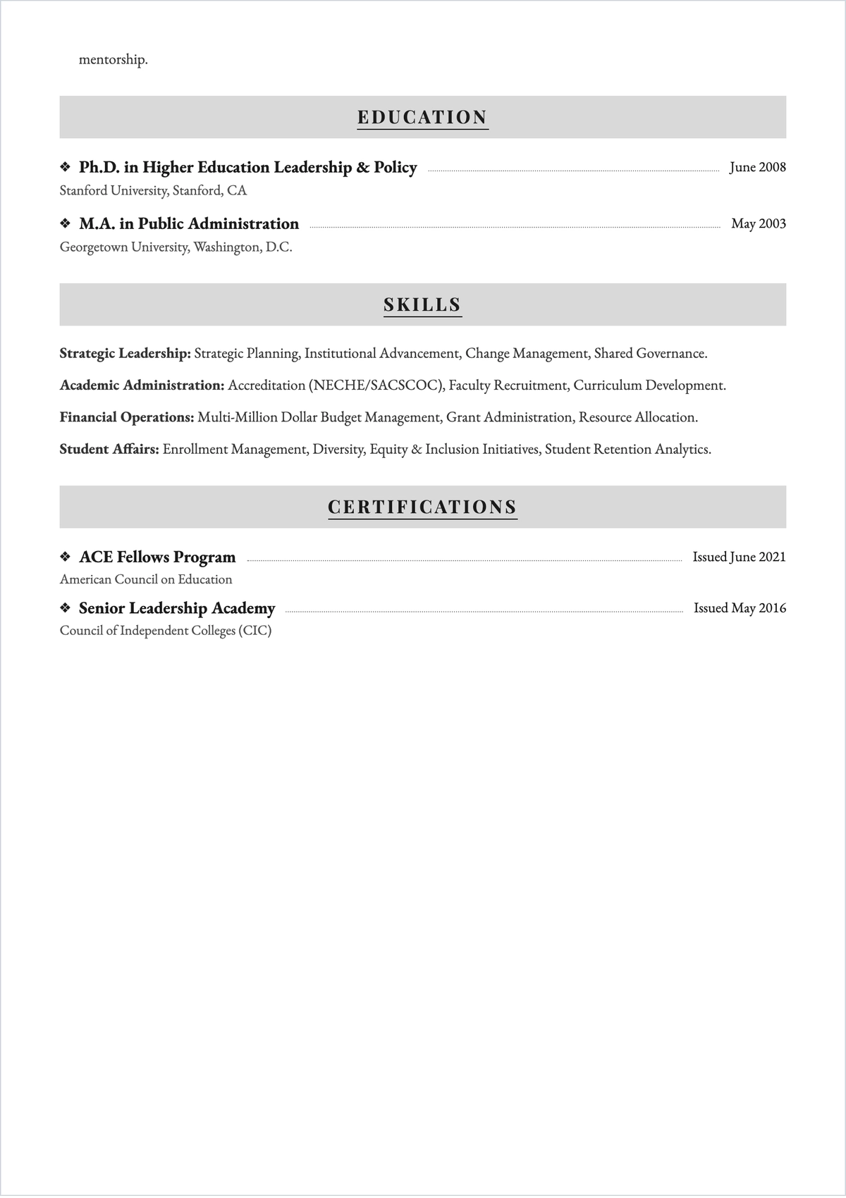 Free College Principal ATS CV Template, AI CV Builder
