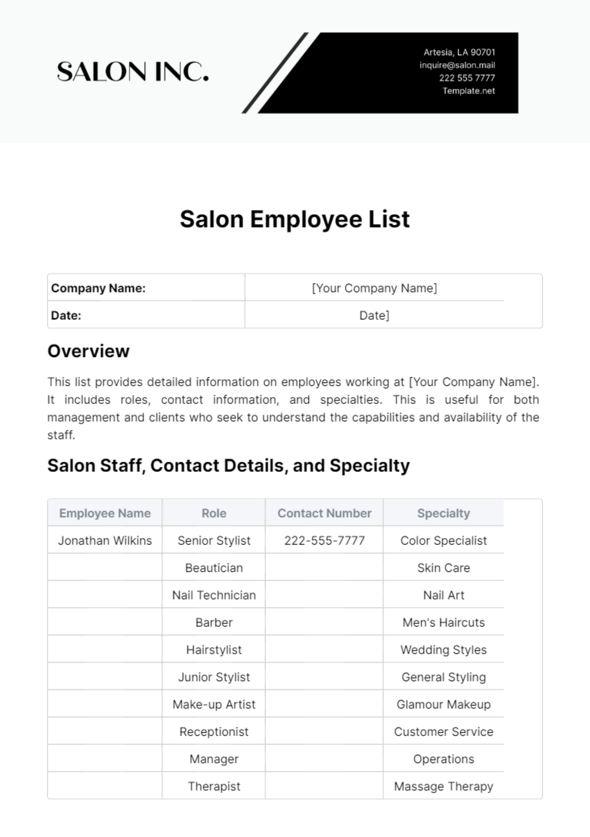 Salon Employee List Template - Edit Online & Download