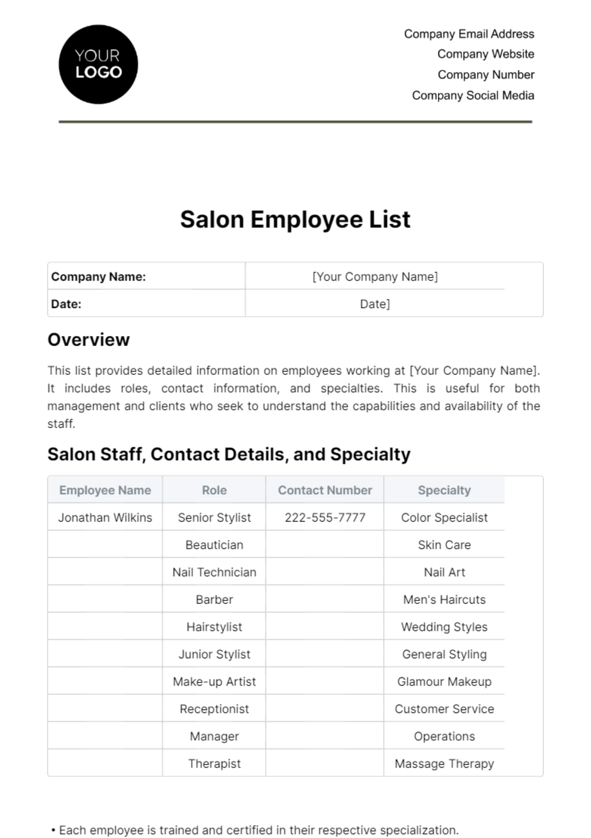 Free Salon Employee List Template