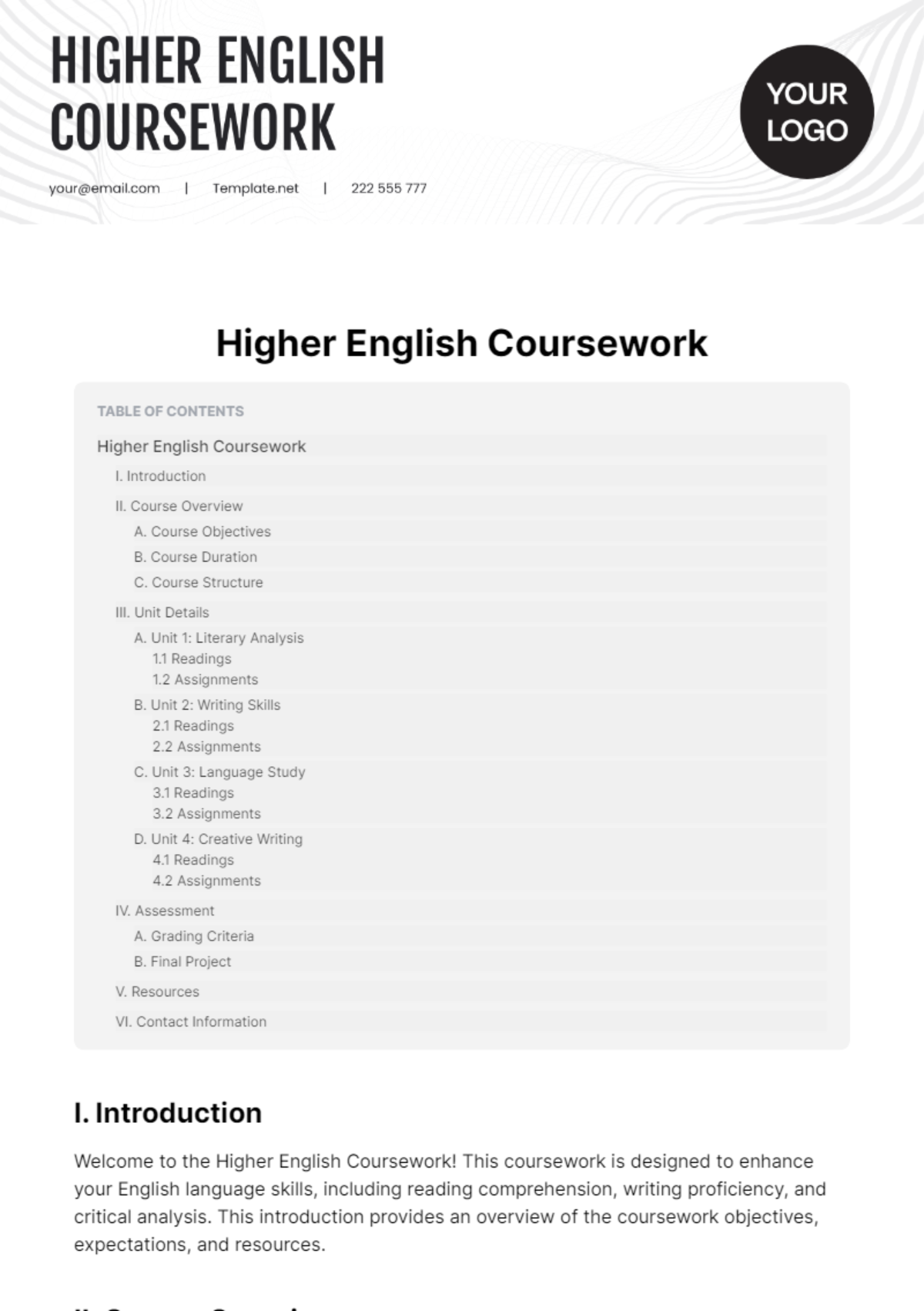 Higher English Coursework Template