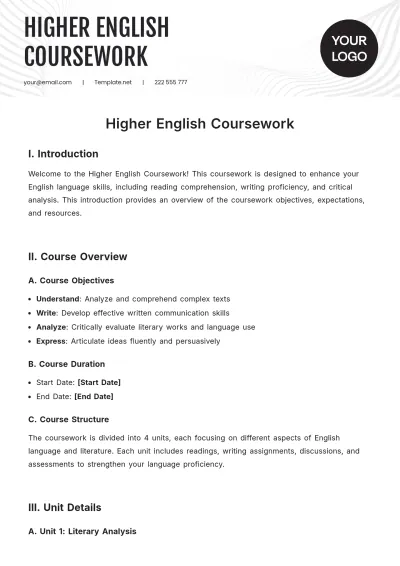 Free Higher English Coursework Template to Edit Online