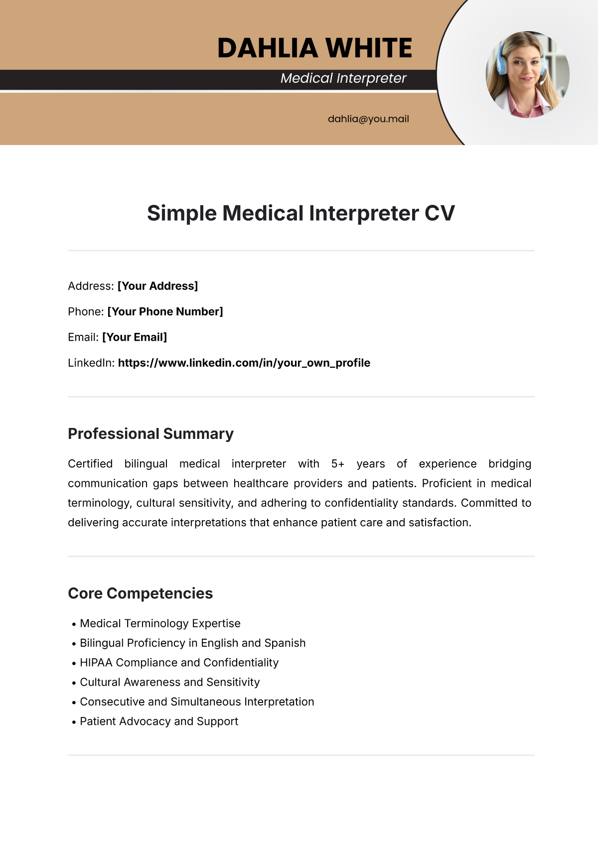 Free Simple Medical Interpreter CV Template