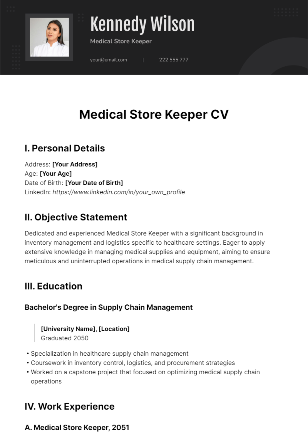 Medical Store Keeper CV Template - Edit Online & Download