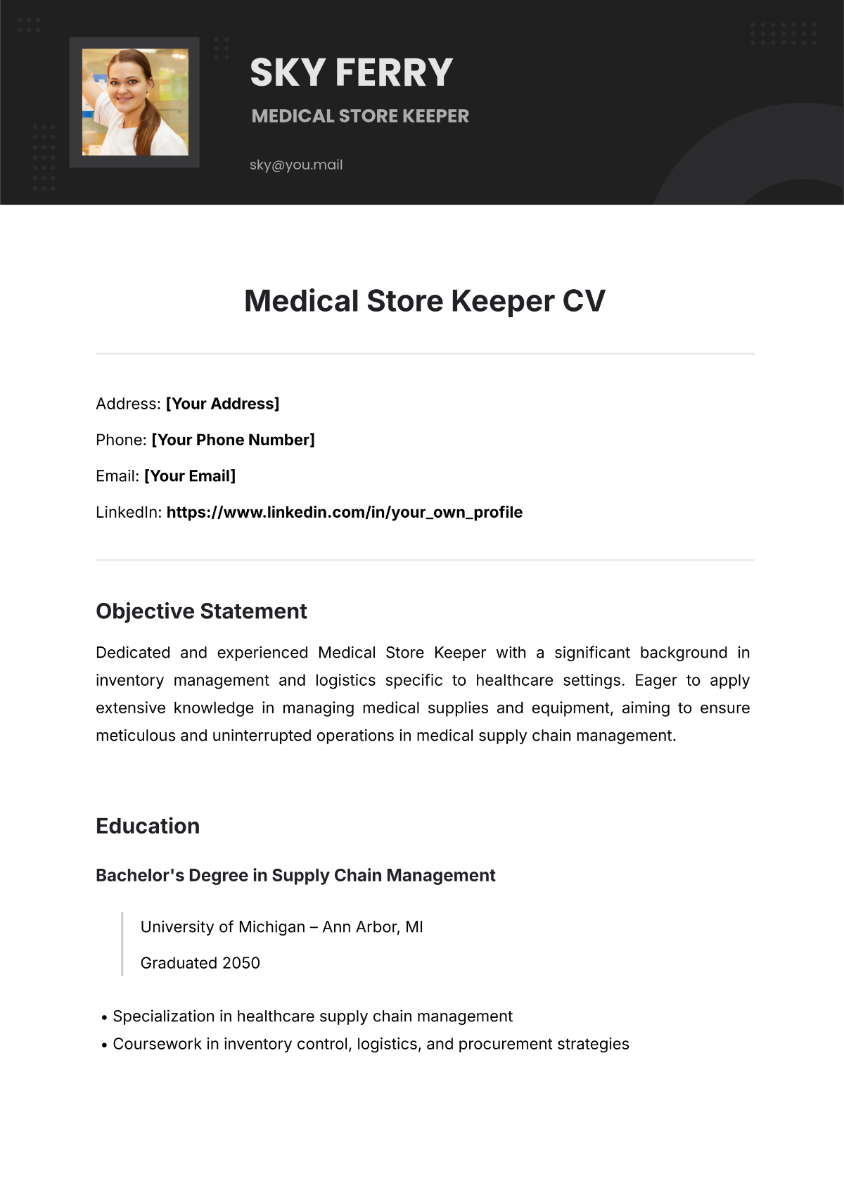 Free Medical Store Keeper CV Template