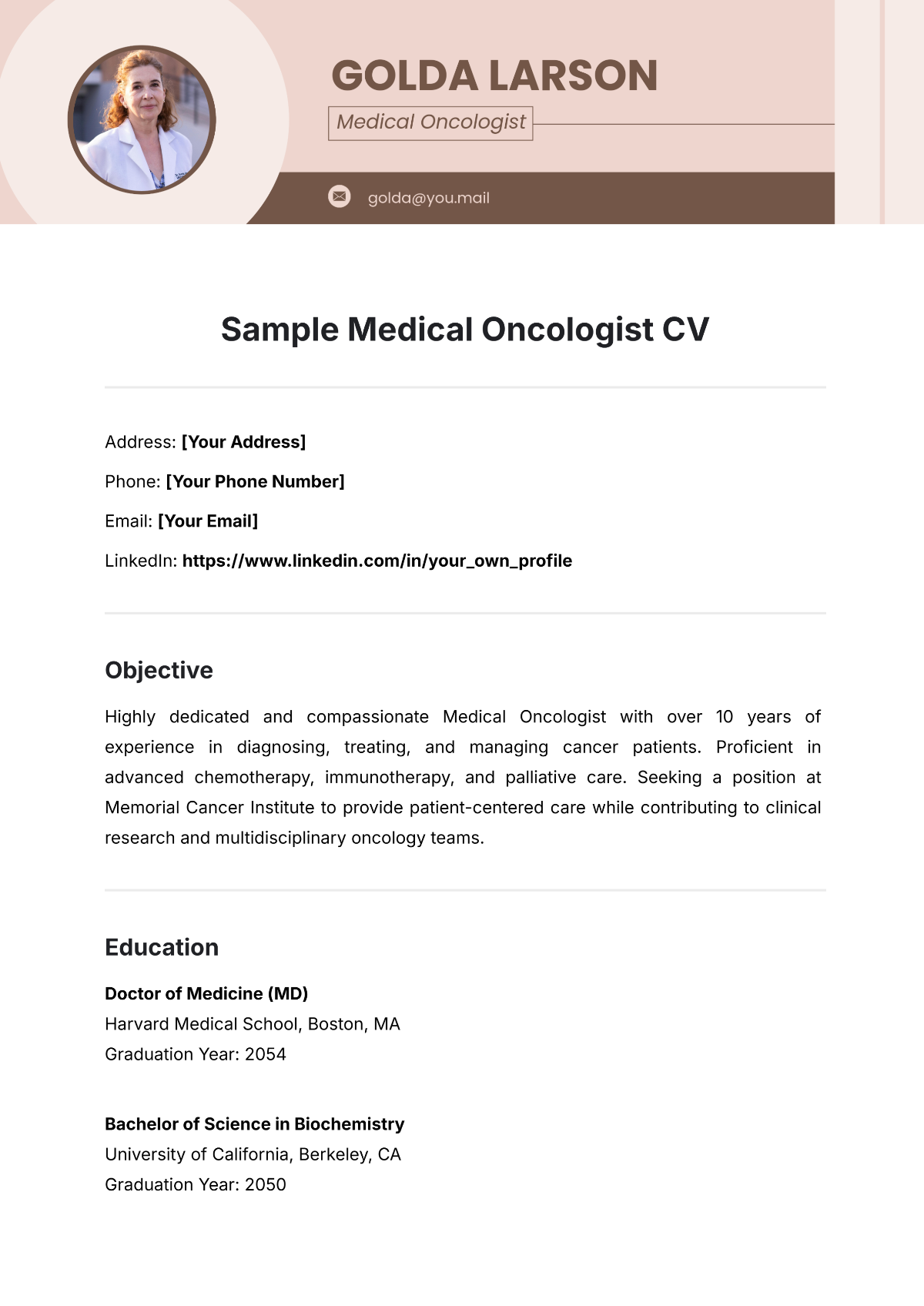 Free Sample Medical Oncologist CV Template