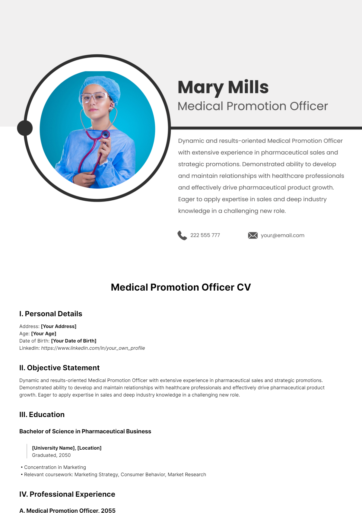 Medical Promotion Officer CV Template - Edit Online & Download