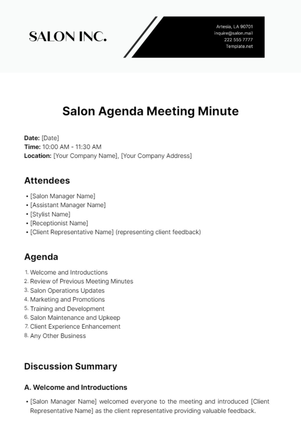 Free Salon Agenda Meeting Minute Template