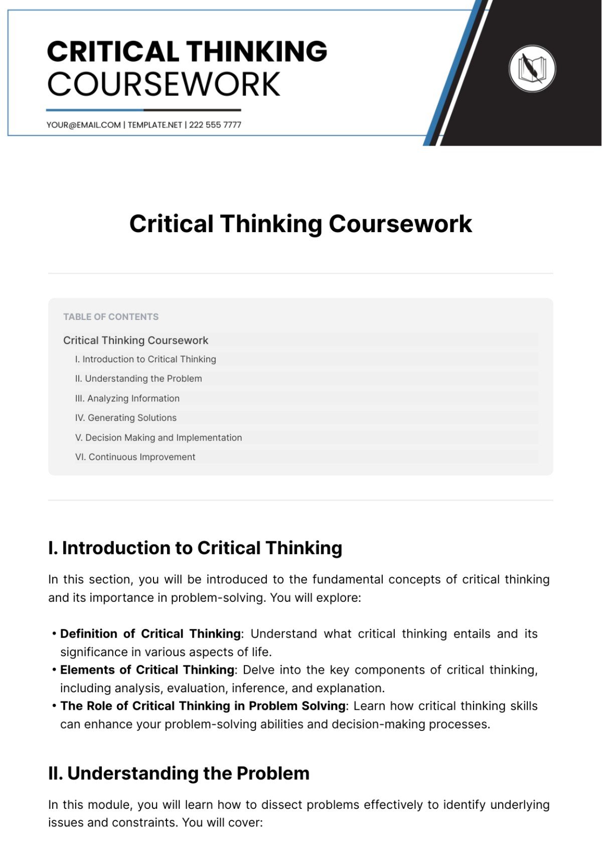 Critical Thinking Coursework Template - Edit Online & Download