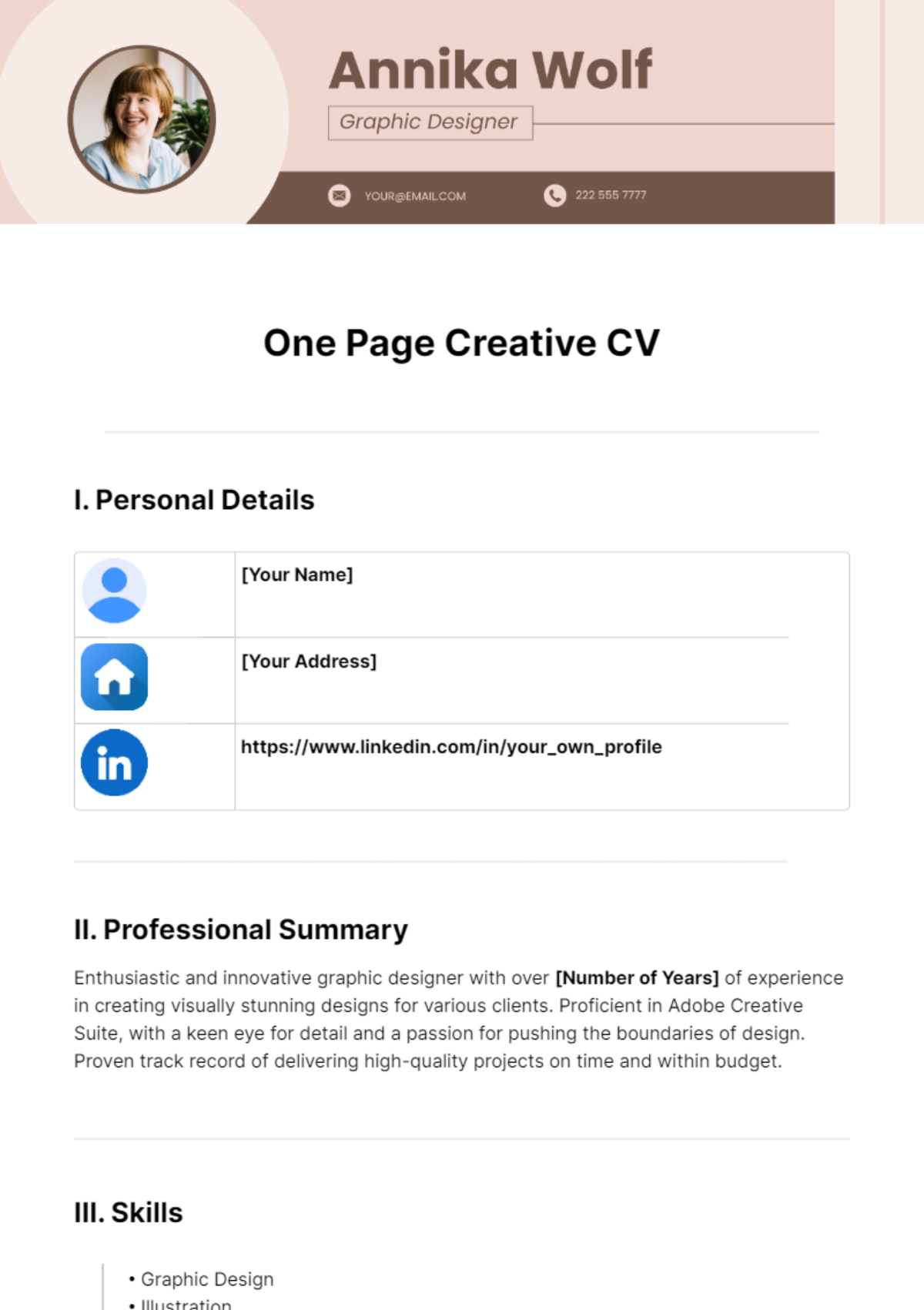 One Page Creative CV Template - Edit Online & Download