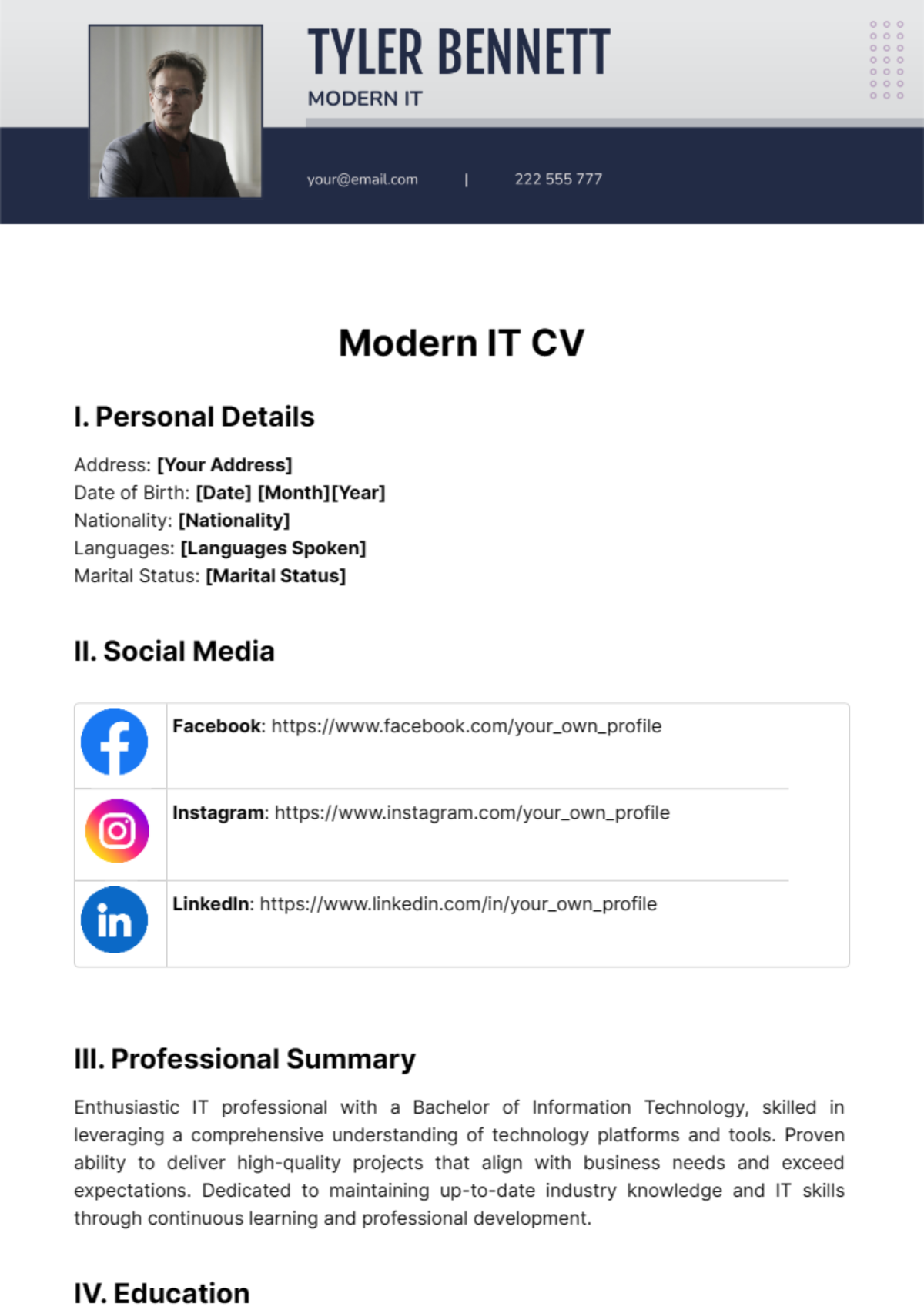 Modern IT CV Template - Edit Online & Download