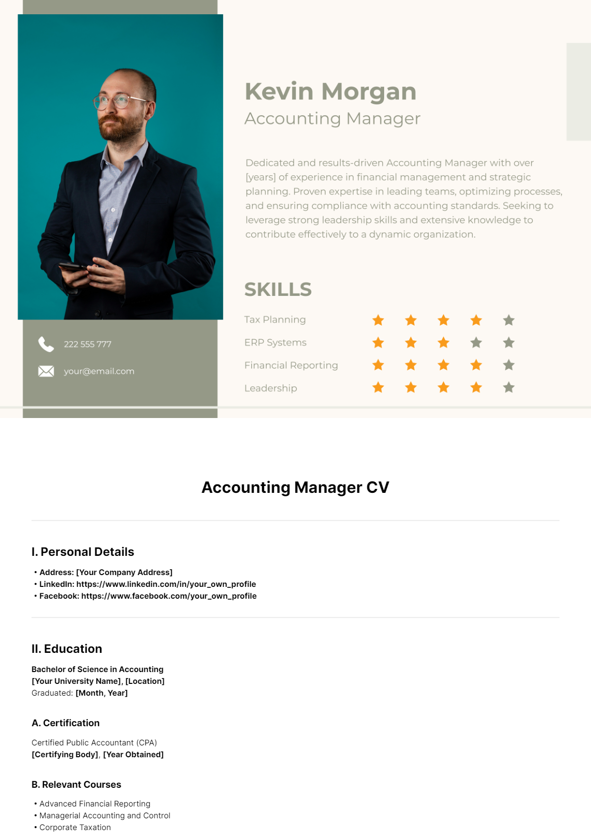 Accounting Manager CV Template - Edit Online & Download