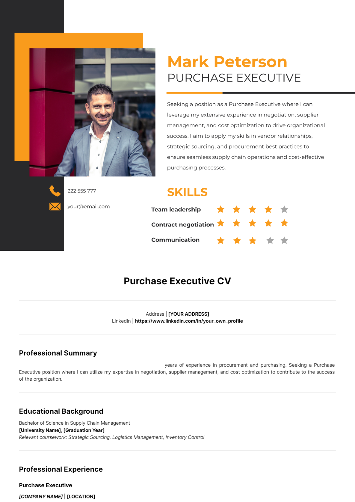 Purchase Executive CV Template - Edit Online & Download