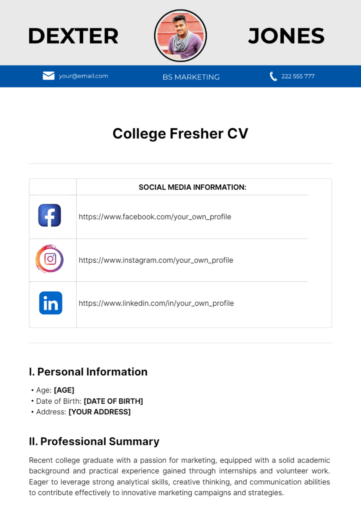 College Fresher CV Template - Edit Online & Download