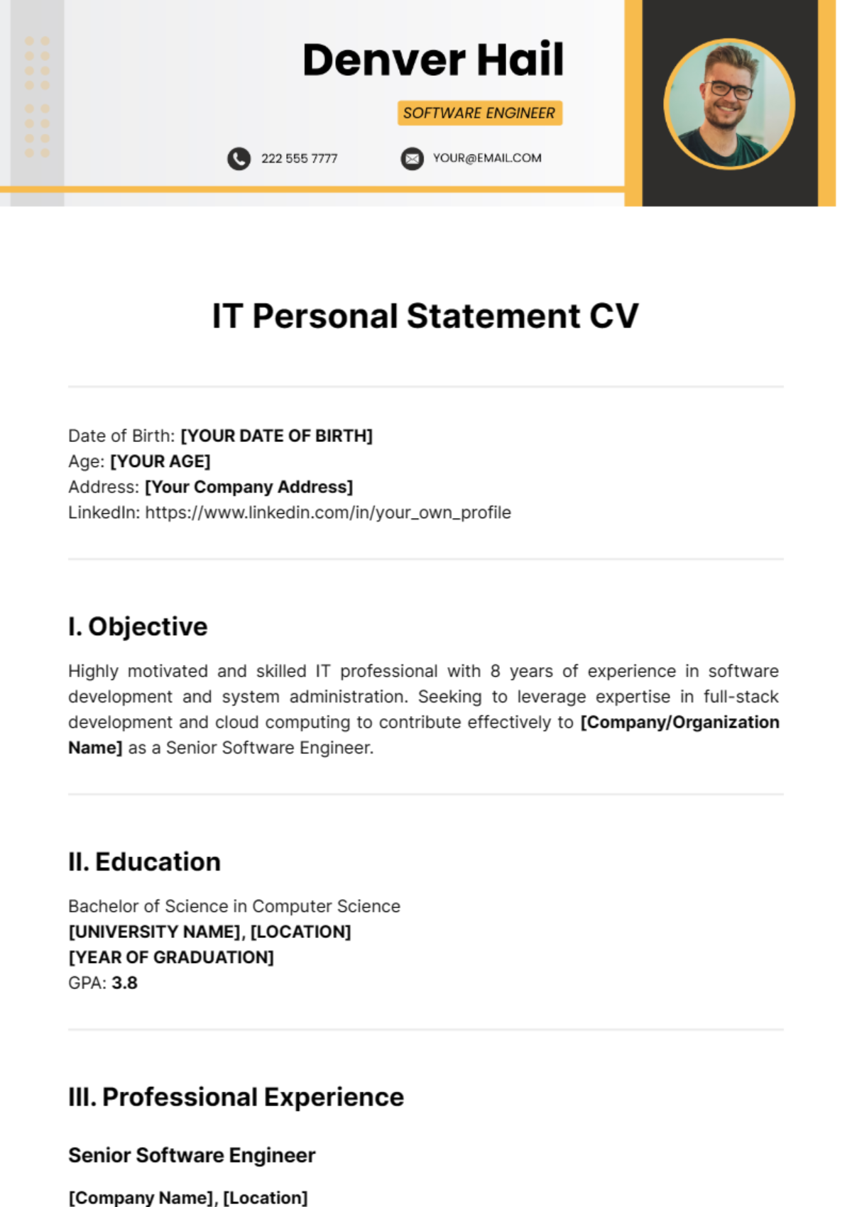 IT Personal Statement CV Template - Edit Online & Download