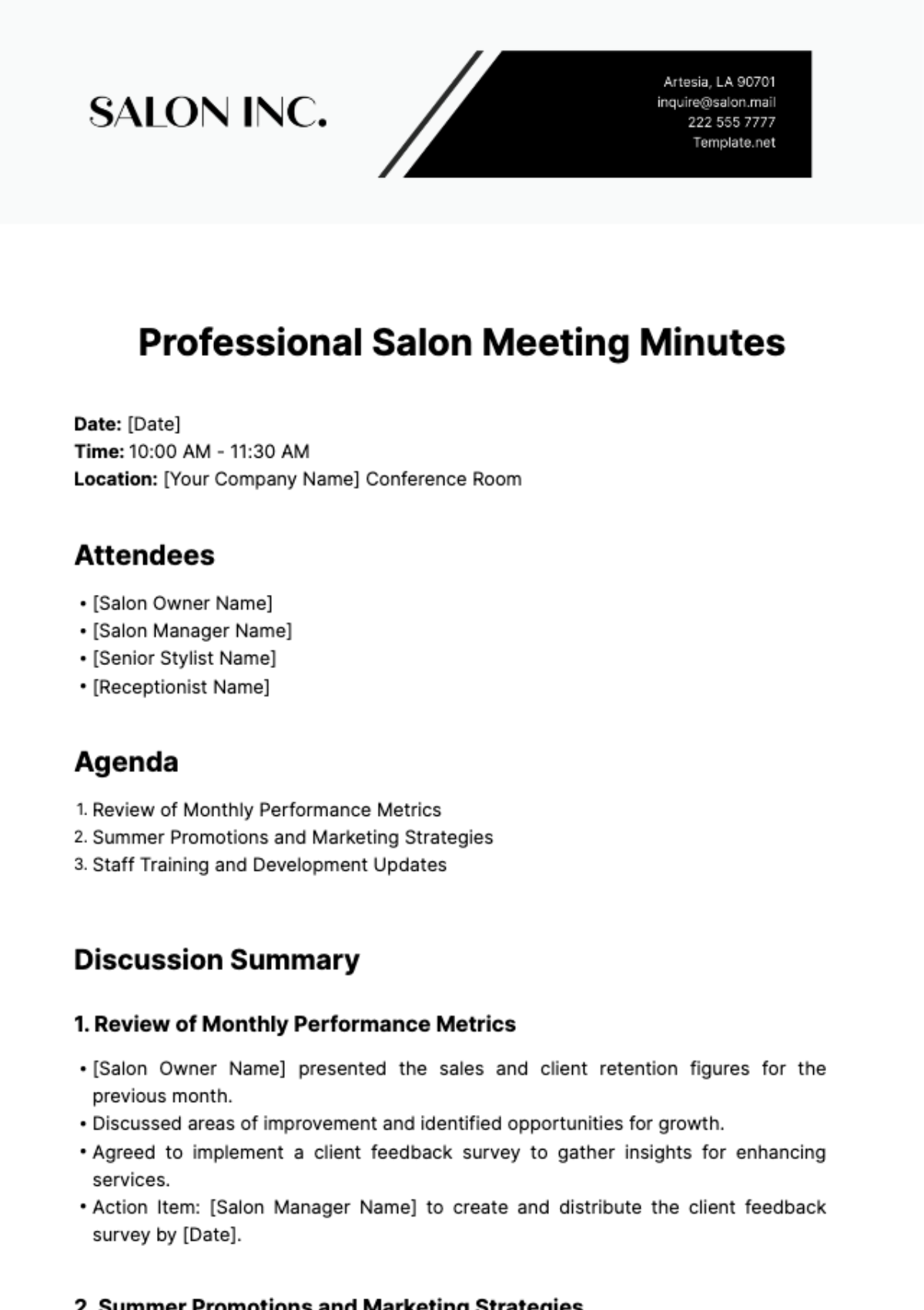 Free Professional Salon Meeting Minute Template