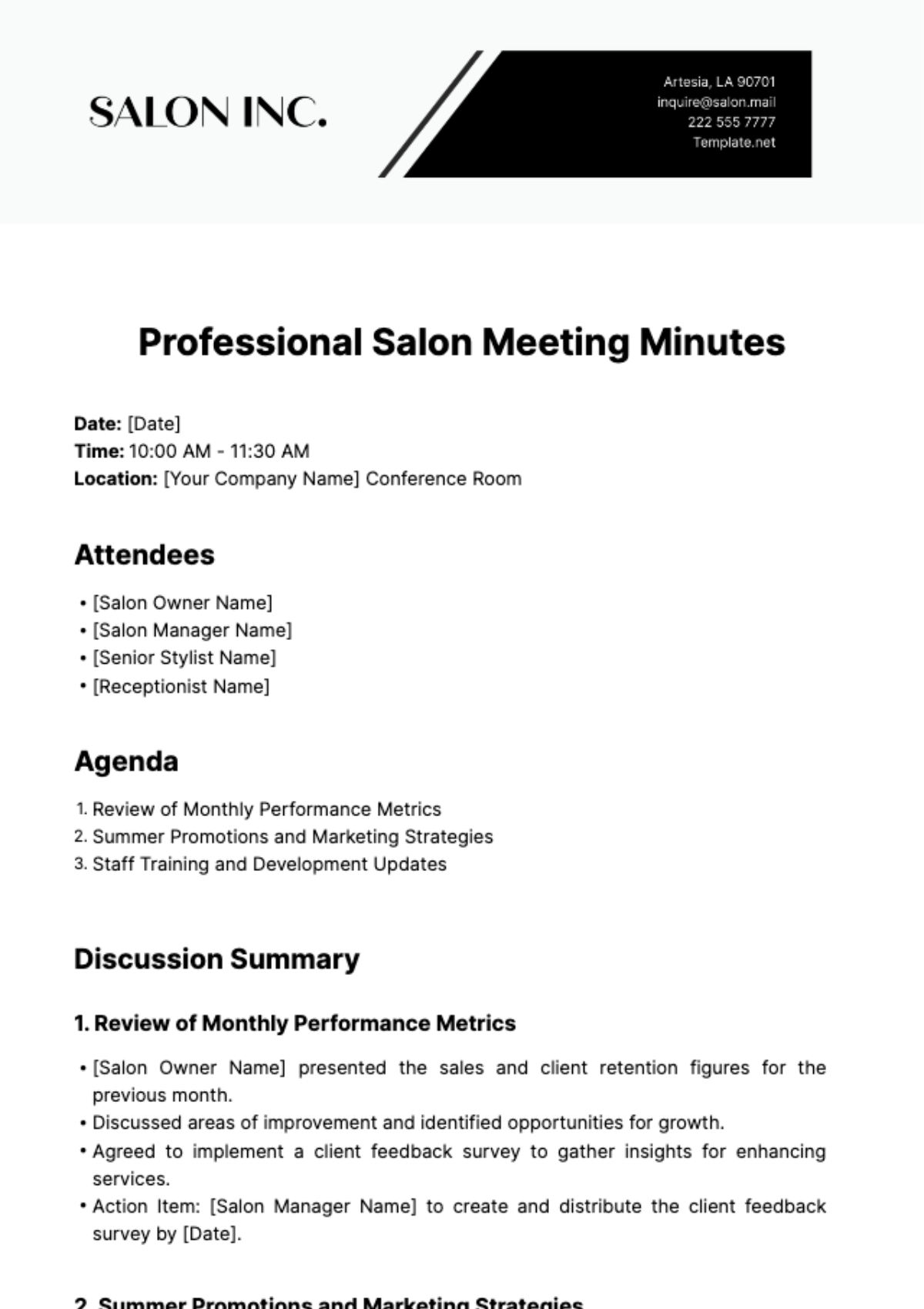 Professional Salon Meeting Minute Template - Edit Online & Download