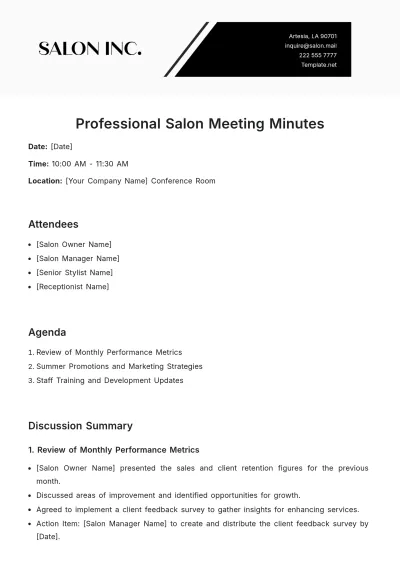 Free Professional Salon Meeting Minute Template to Edit Online