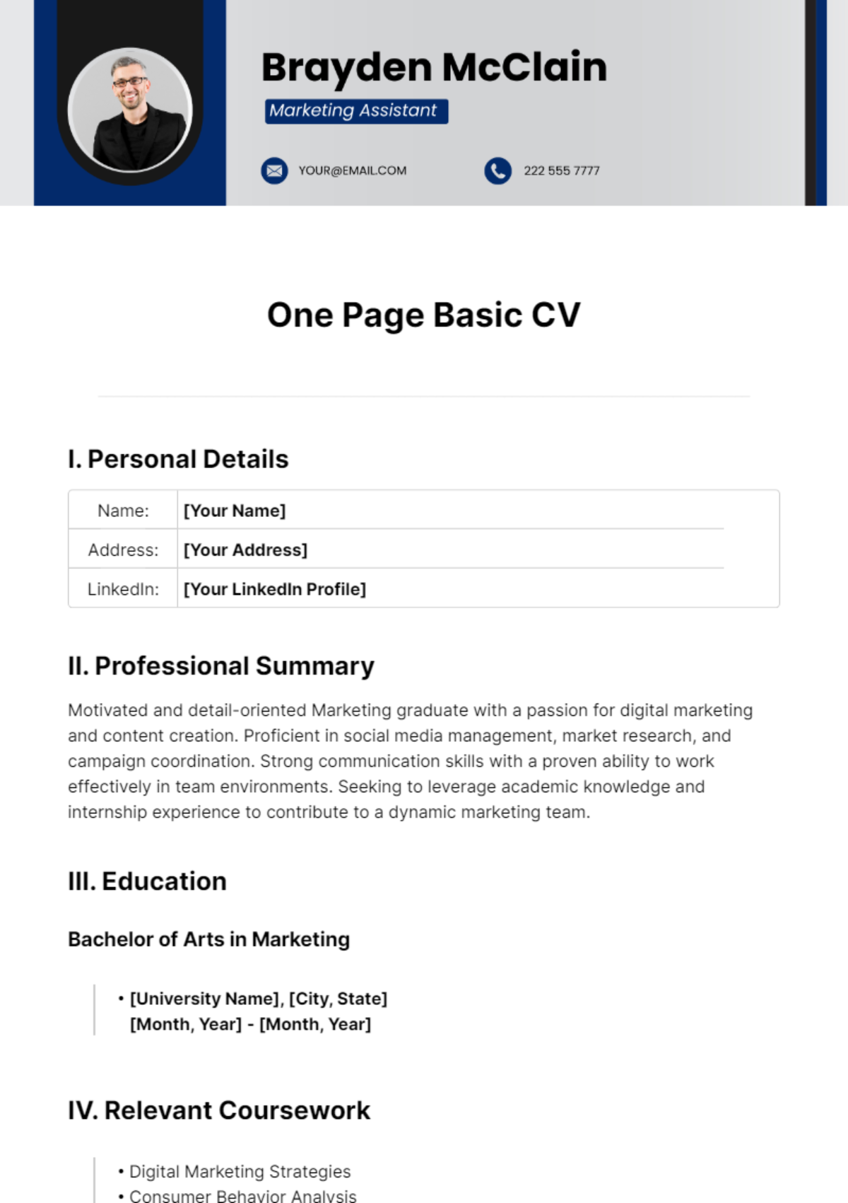 One Page Basic CV Template - Edit Online & Download