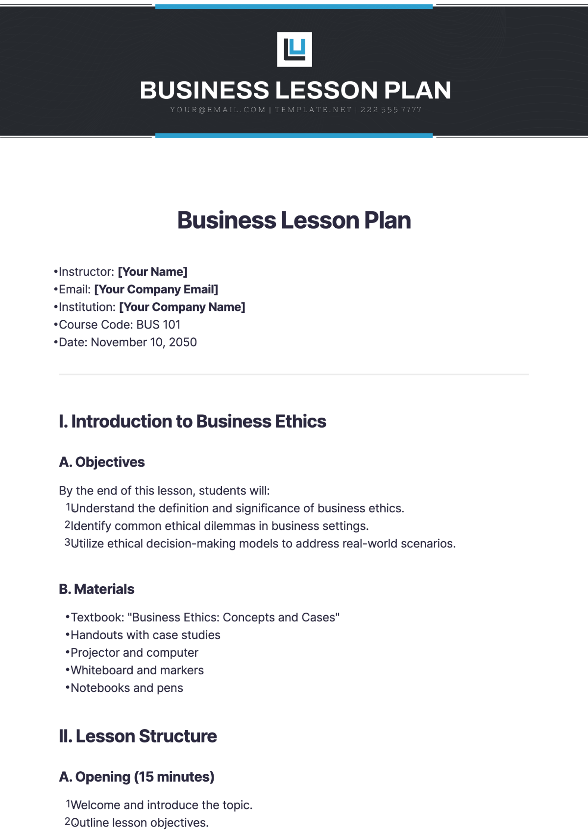 Business Lesson Plan Template - Edit Online & Download