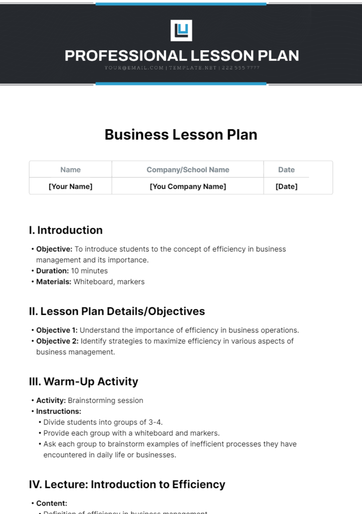 Free Business Lesson Plan Template