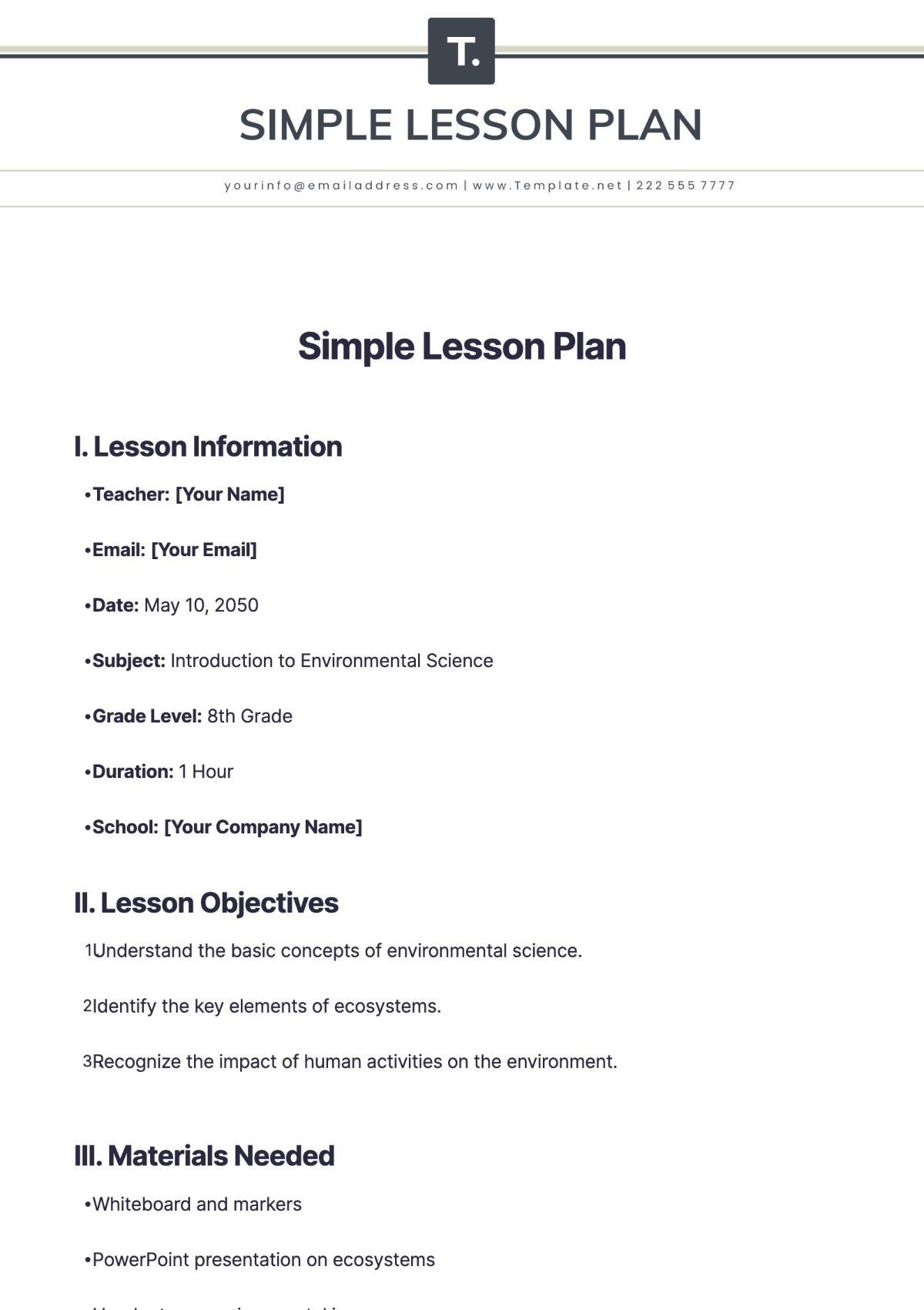 Simple Lesson Plan Template - Edit Online & Download