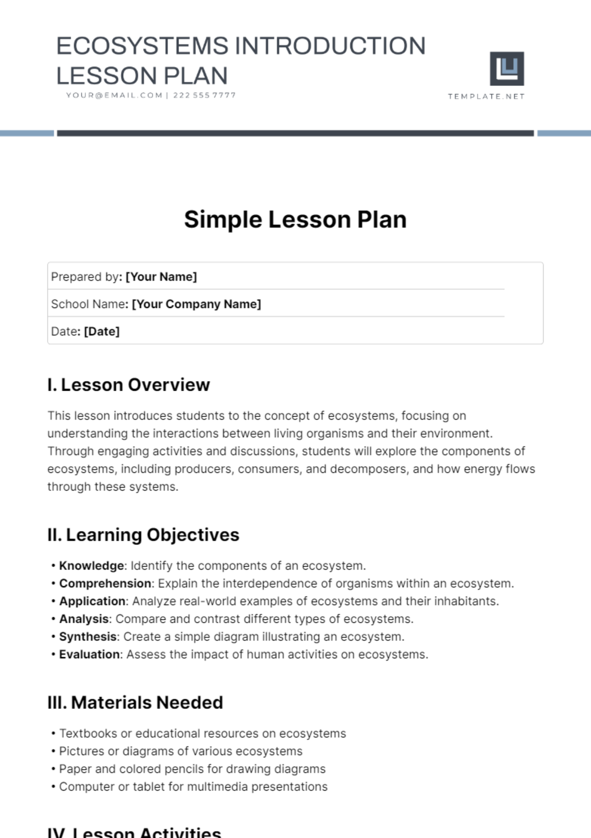 Free Simple Lesson Plan Template