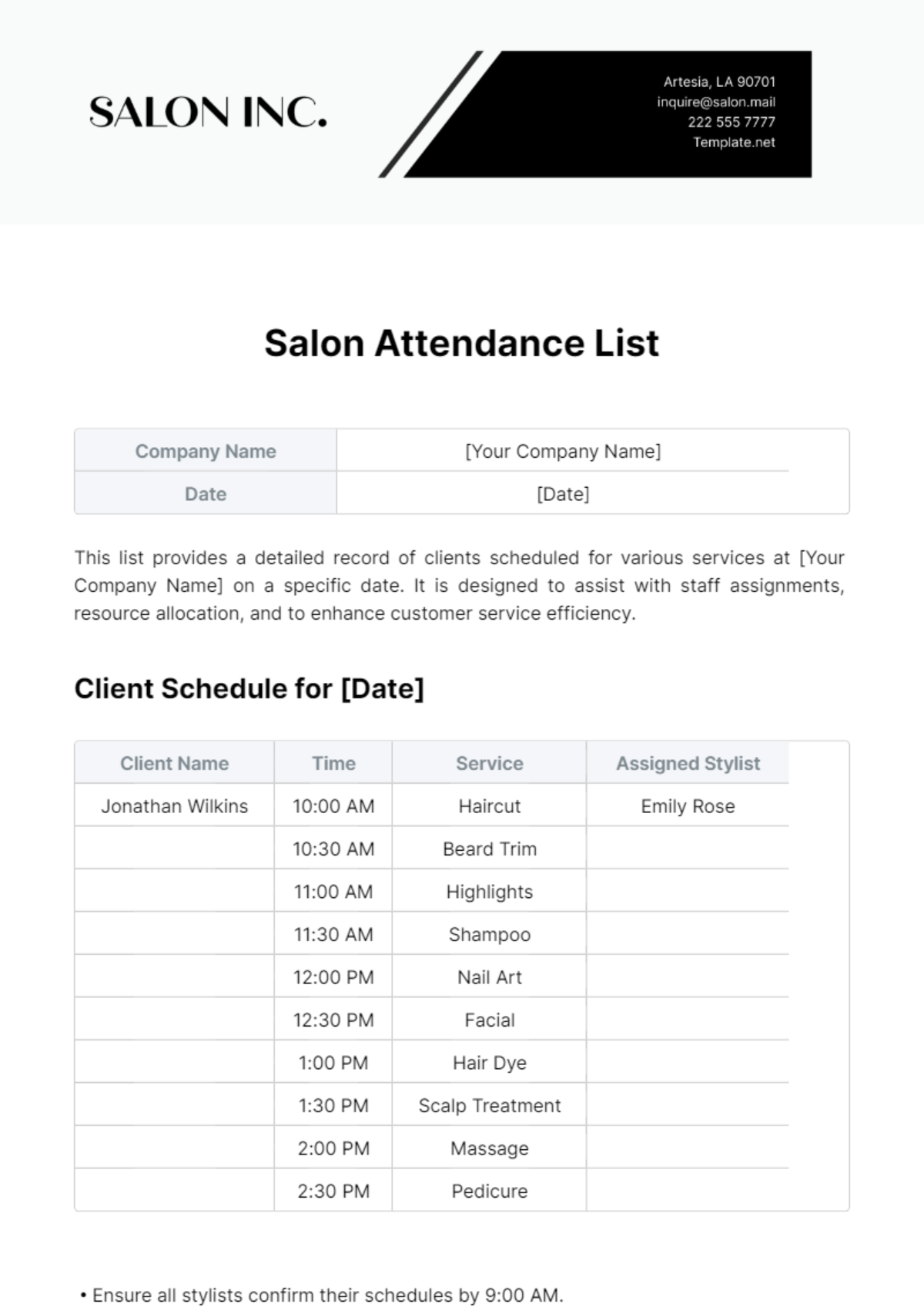 Free Salon Attendance List Template