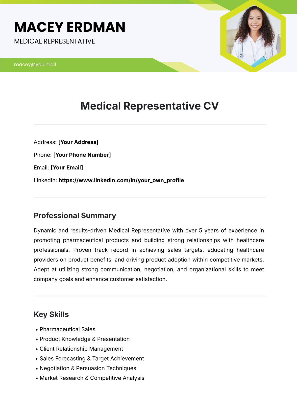 Free Medical Representative CV Template