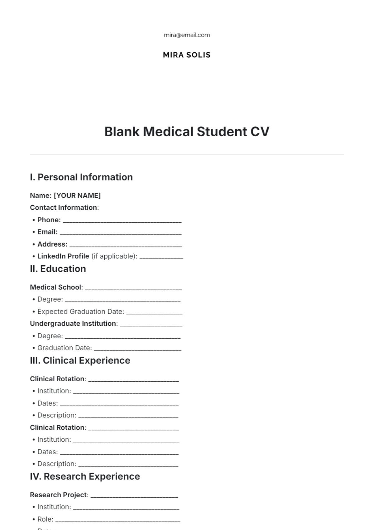 Blank Medical Student CV Template - Edit Online & Download