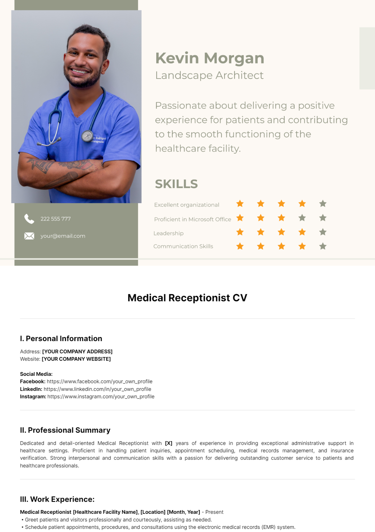 Medical Receptionist CV Template - Edit Online & Download