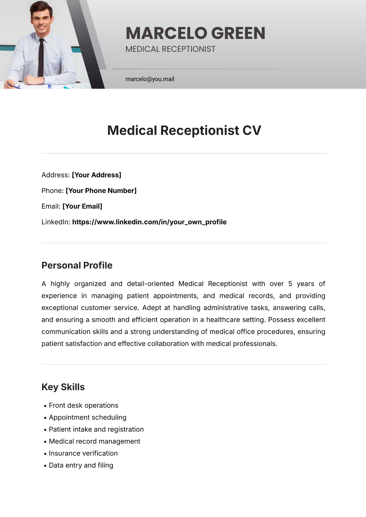 Free Medical Receptionist CV Template