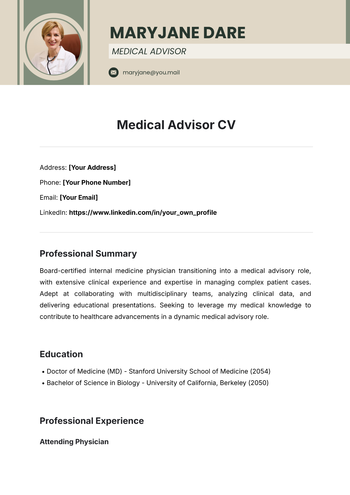 Free Medical Advisor CV Template