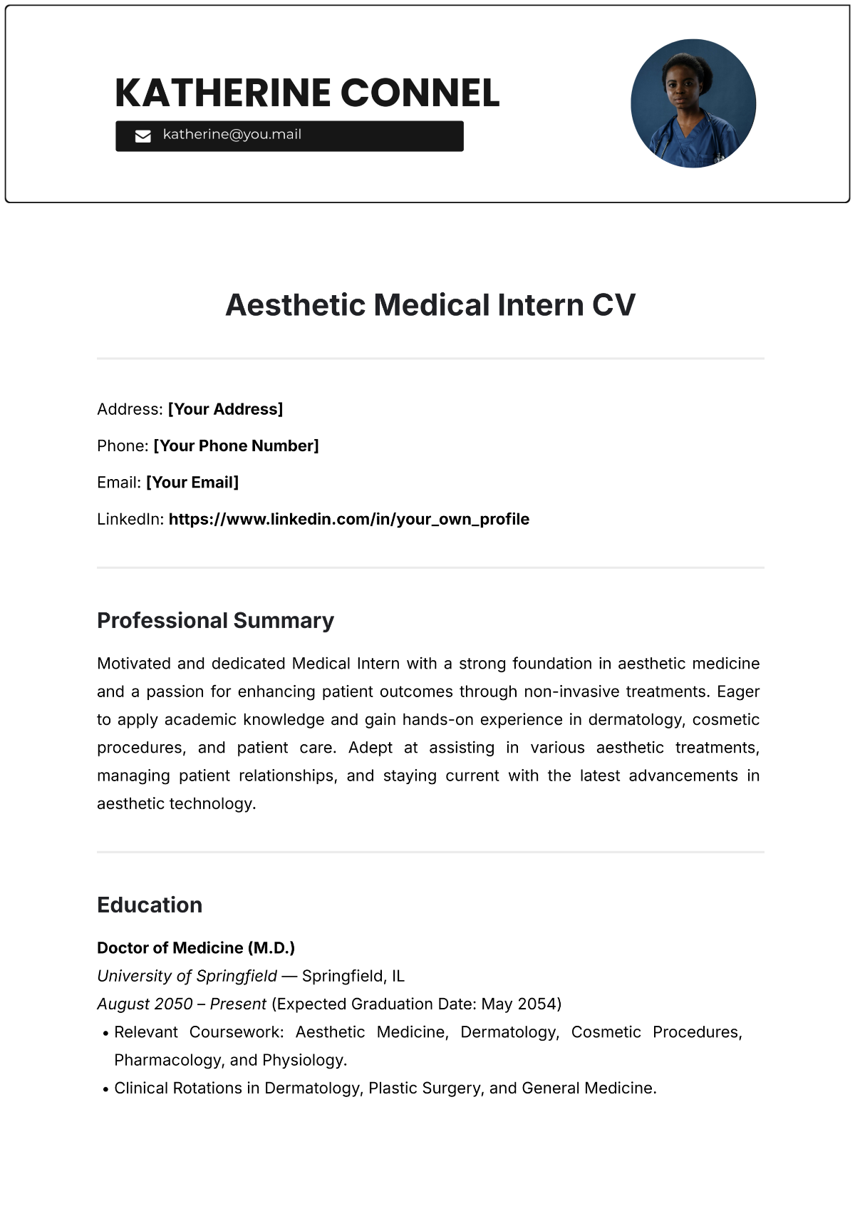 Free Aesthetic Medical Intern CV Template