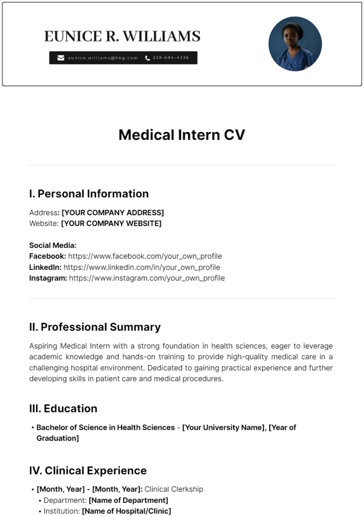 Medical Intern CV Template - Edit Online & Download