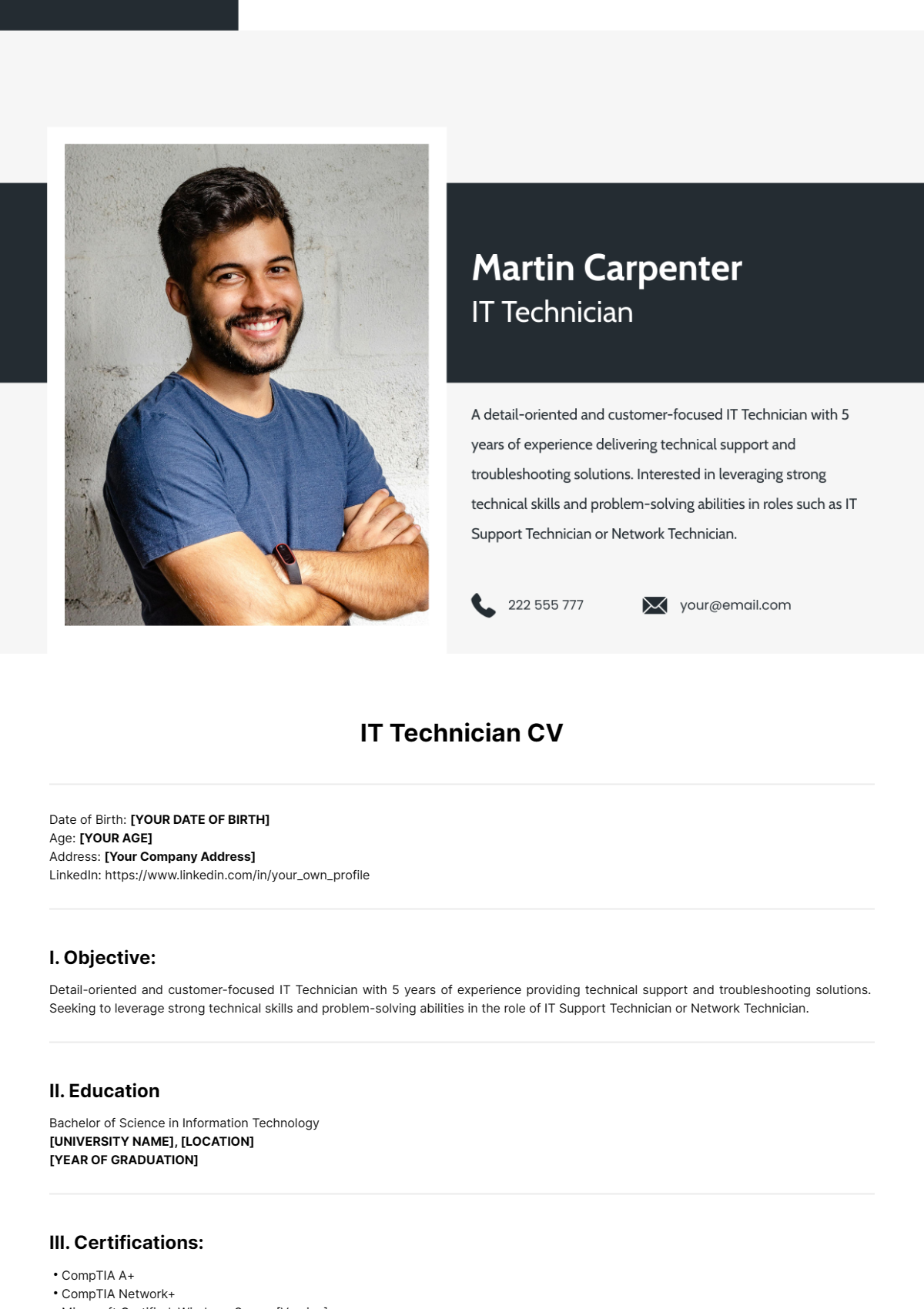 IT Technician CV Template - Edit Online & Download