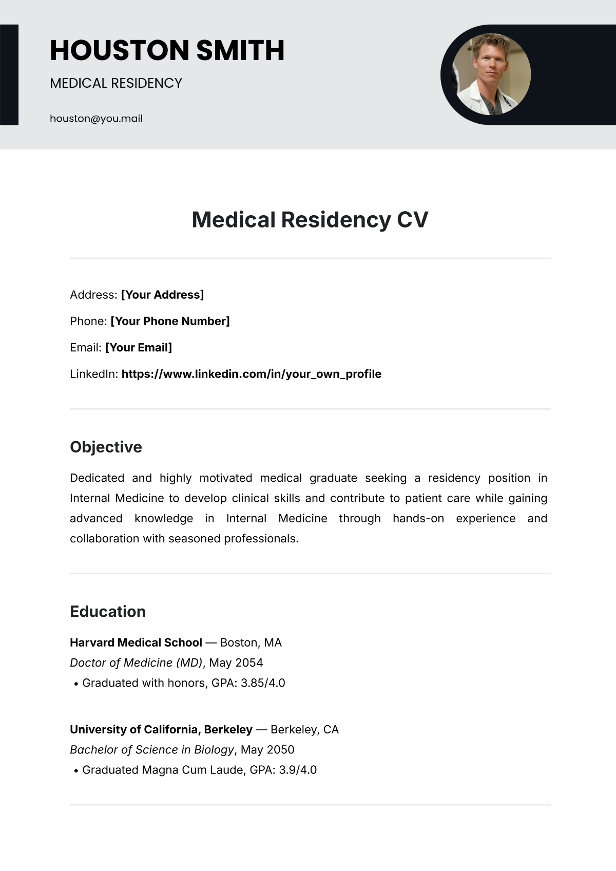 Free Medical Residency CV Template